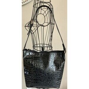 Lord & Taylor Vtg. Black Crocodile Embossed Genuine Leather Handbag Purse EUC